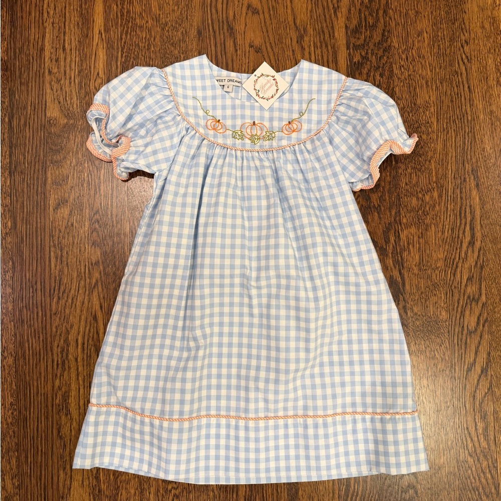 Sweet Dreams Blue Checkered Dress with Pumpkin Detail